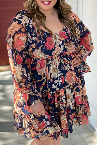 Plus Size Smocked Printed Long Sleeve Dress